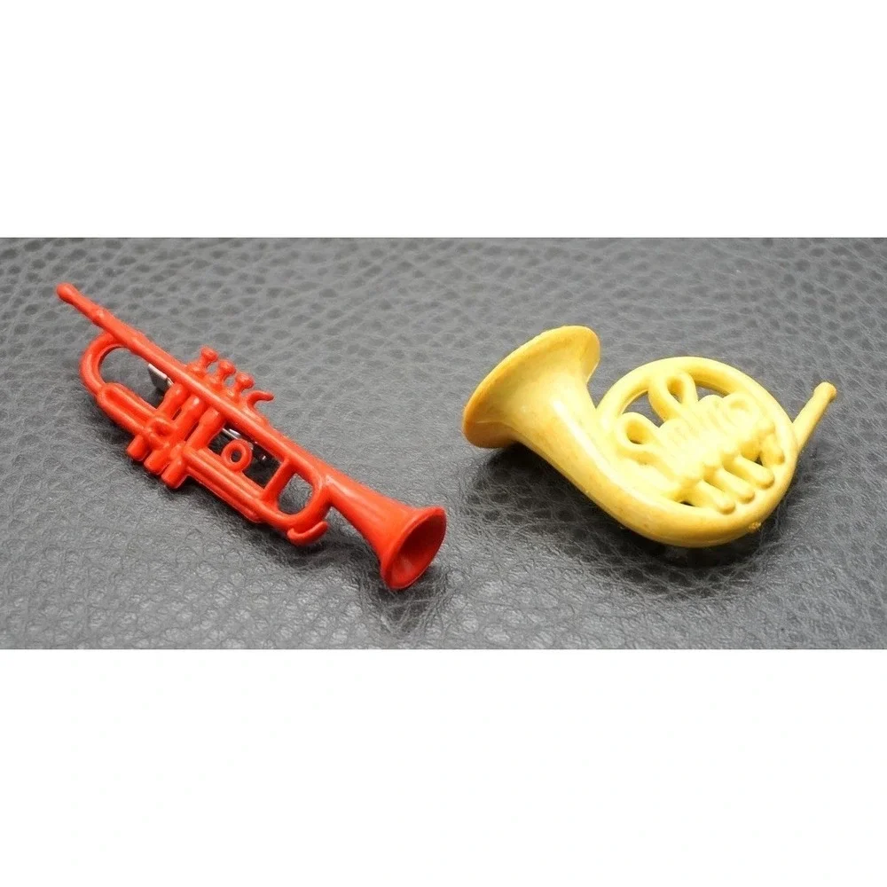 VTG Trumpet & French Horn Music Instrument Red Yellow Plastic Brooch Pin Set
